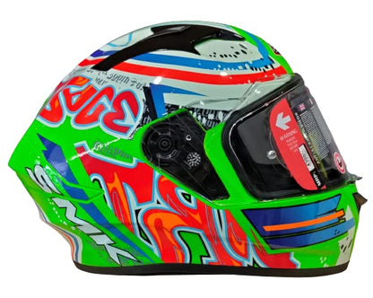 SMK Helmets - Stellar - Graffiti - Fluorescent Green Red Orange - Pinlock Anti Fog Lens Fitted Single Clear Visor Full Face Helmet - GL837 )