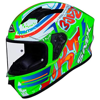 SMK Helmets - Stellar - Graffiti - Fluorescent Green Red Orange - Pinlock Anti Fog Lens Fitted Single Clear Visor Full Face Helmet - GL837 )