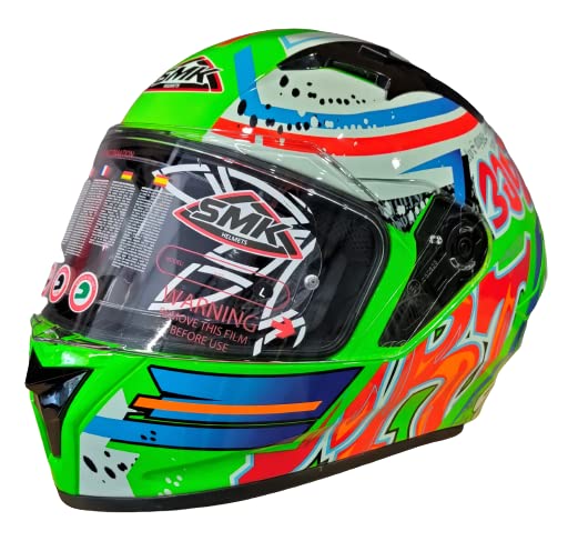 SMK Helmets - Stellar - Graffiti - Fluorescent Green Red Orange - Pinlock Anti Fog Lens Fitted Single Clear Visor Full Face Helmet - GL837 )