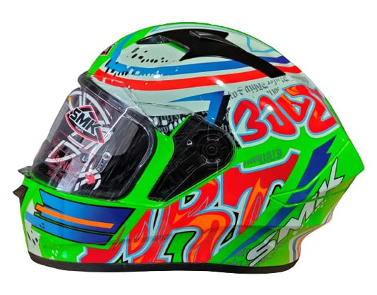 SMK Helmets - Stellar - Graffiti - Fluorescent Green Red Orange - Pinlock Anti Fog Lens Fitted Single Clear Visor Full Face Helmet - GL837 )