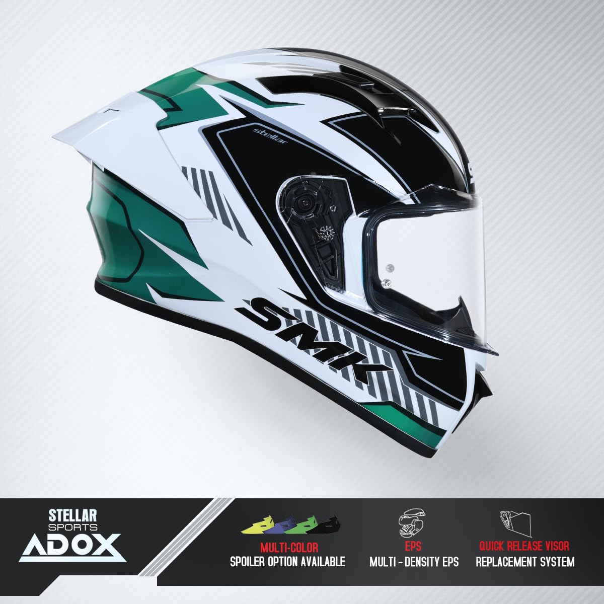 SMK Stellar Sports Adox Motorcycling Helmet Isi,Dot&Ece-06 Certified Full Face Helmet,Green White