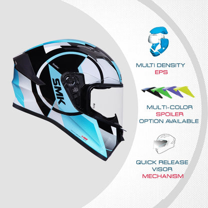 Smk Stellar Sports S01 Faro gloss black white blue Helmet Isi Dot & Ece- 06 Certified Full Face Helmet with Anti Fog Clear Visor Helmet