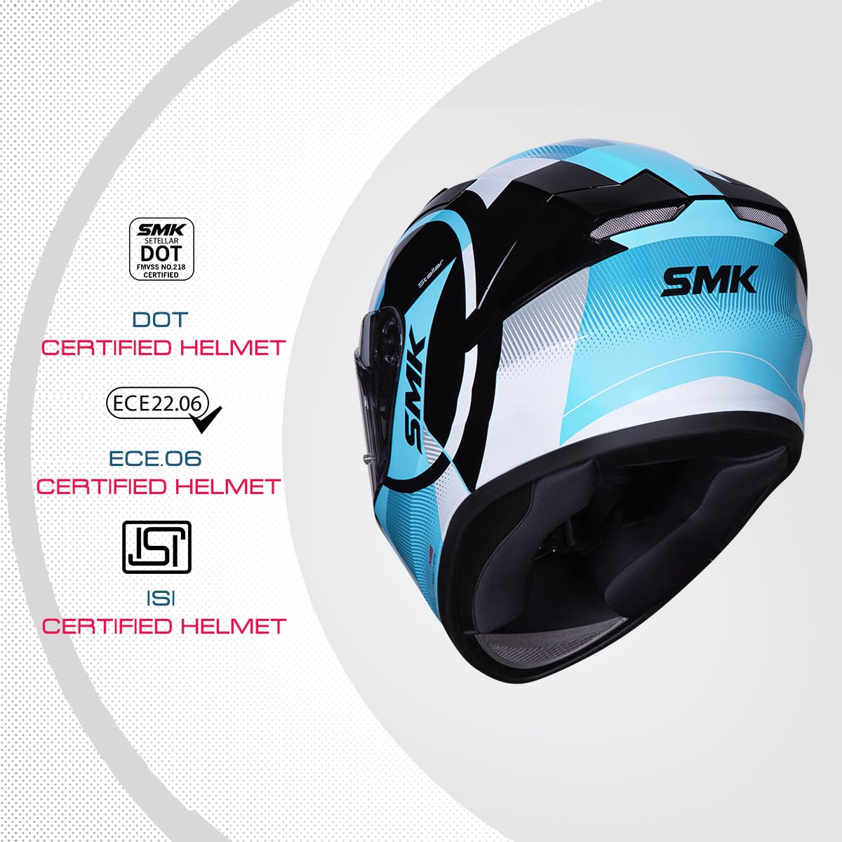 Smk Stellar Sports S01 Faro gloss black white blue Helmet Isi Dot & Ece- 06 Certified Full Face Helmet with Anti Fog Clear Visor Helmet