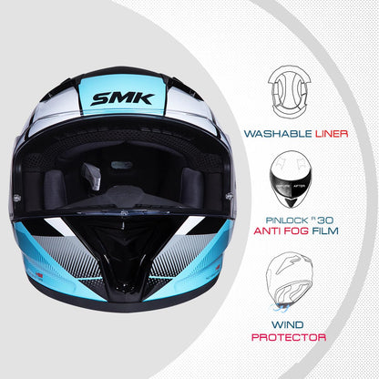 Smk Stellar Sports S01 Faro gloss black white blue Helmet Isi Dot & Ece- 06 Certified Full Face Helmet with Anti Fog Clear Visor Helmet