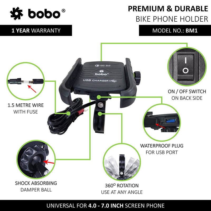 BOBO BM1 Jaw-Grip Bike Phone Holder (with fast USB 3.0 charger) Motorcycle Mobile Mount universal