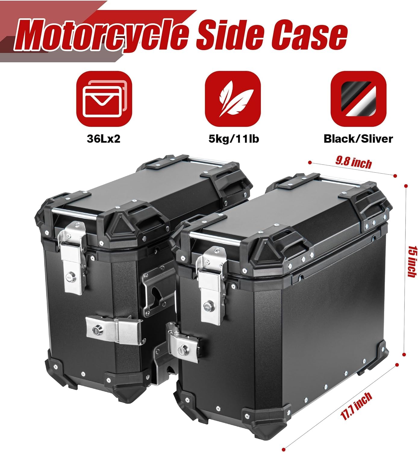 LGP Aluminium touring panniers with top box (38L+38L+45L= 121 liters) - Set of 2 - Black (COMBO)