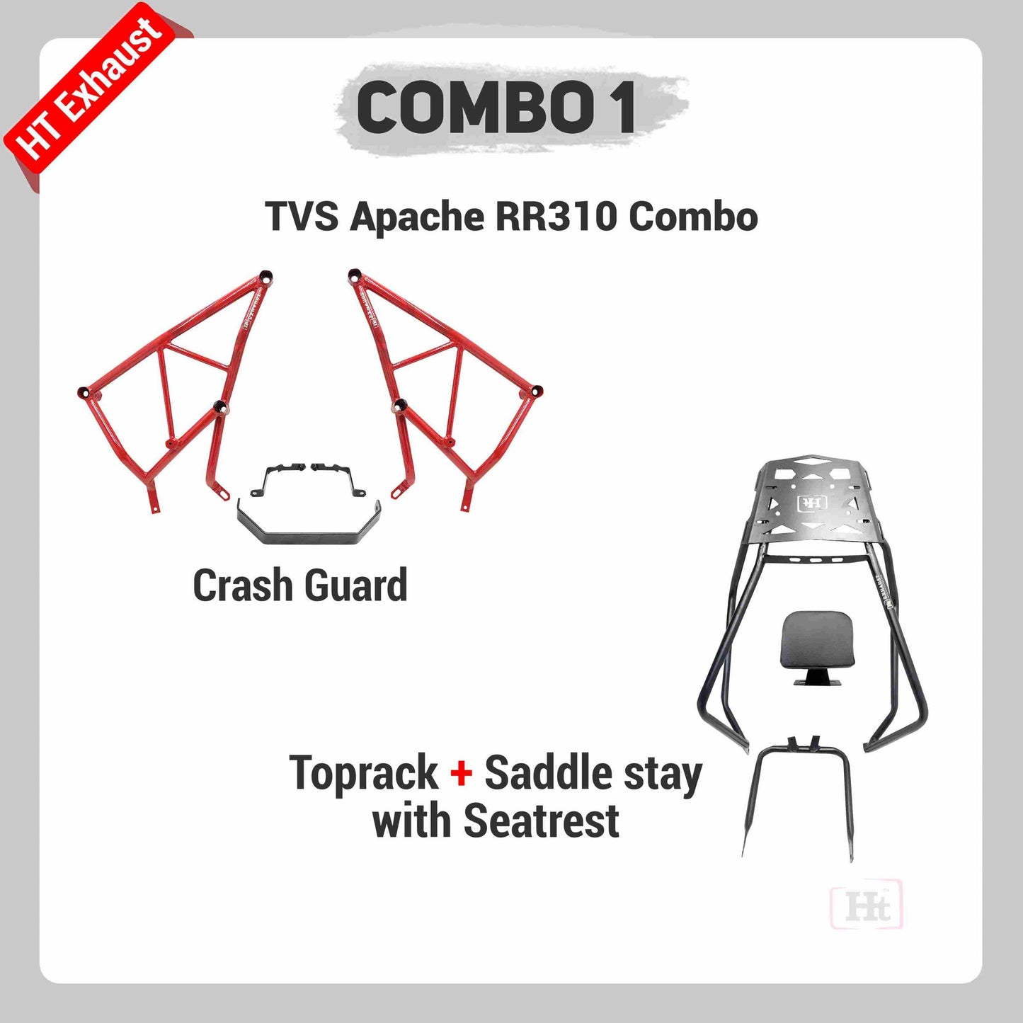 COMBO 1 Apache RR310 CRASH GUARD + TOPRACK WITH SADDLE STAY AND BACKREST – HT EXHAUST