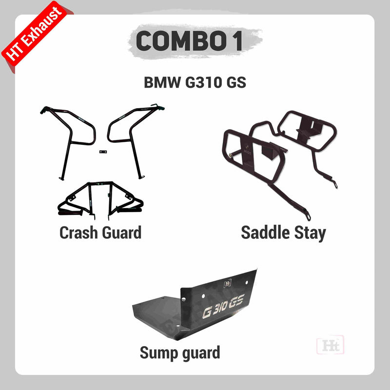 COMBO 1 BMW GS310 CRASH GUARD + SADDLE STAY + SUMP GUARD – HT EXHAUST