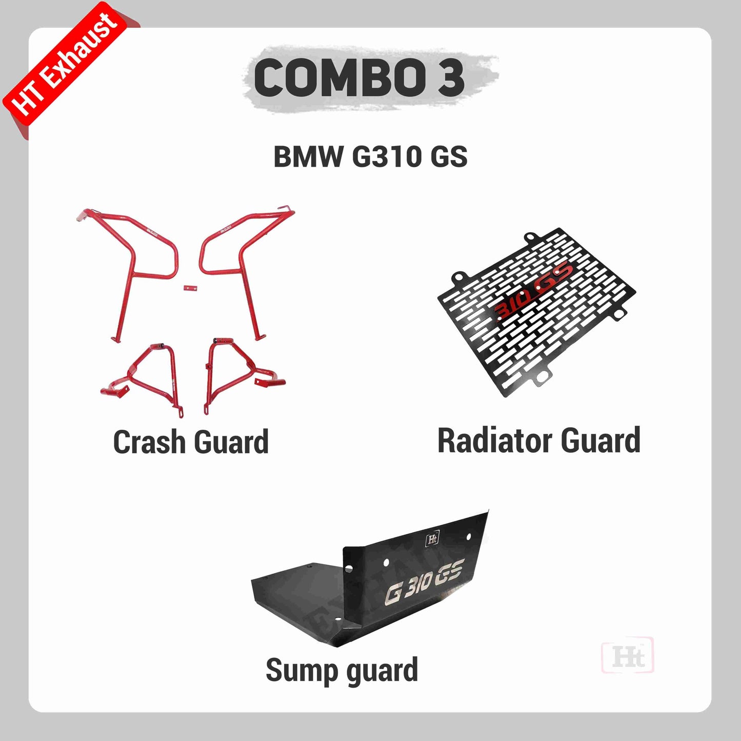 COMBO 3 BMW GS310 Crash Guard + Radiator Guard + Sump Guard – HT EXHAUST