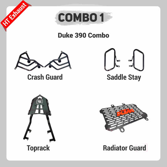 COMBO 1 DUKE 390 BS6 CRASH GUARD + SADDLE STAY + TOP RACK + RADIATOR GUARD – HT EXHAUST