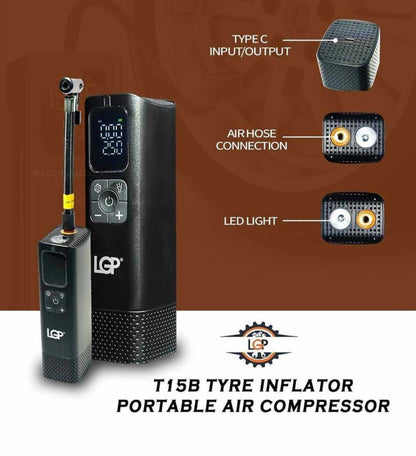 LGP T15B Smart Tyre Inflator Portable Air Compressor - 150 PSI Portable Air Pump with Accurate LED Tyre Pressure Display, Fast Inflation for Vehicles, Motorcycle, Bikes Tires, Car ,Balls, Swimming Ring - 1 YEAR WARRANTY