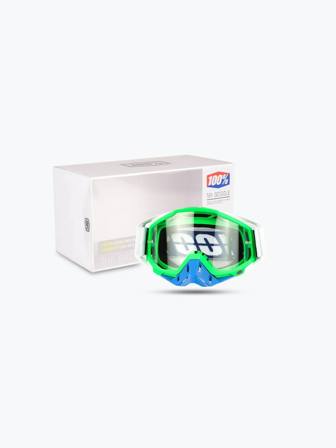 100% The Motocross & Mountain Biking  MX Goggle –GREEN WHITE PLAIN TINT