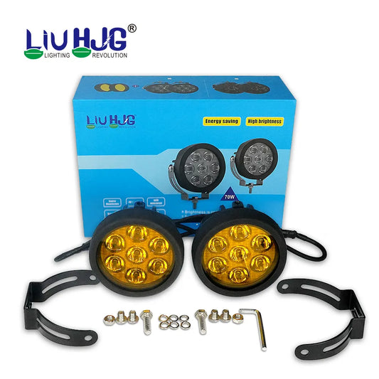 HJG 7 LED Round White Fog Light With Yellow Cap (70W) With Wiring Kit Harness And Switch Spot Driving Lamp Universal for Car, Bike and Motorcycle (set of 2) - PREMIUM