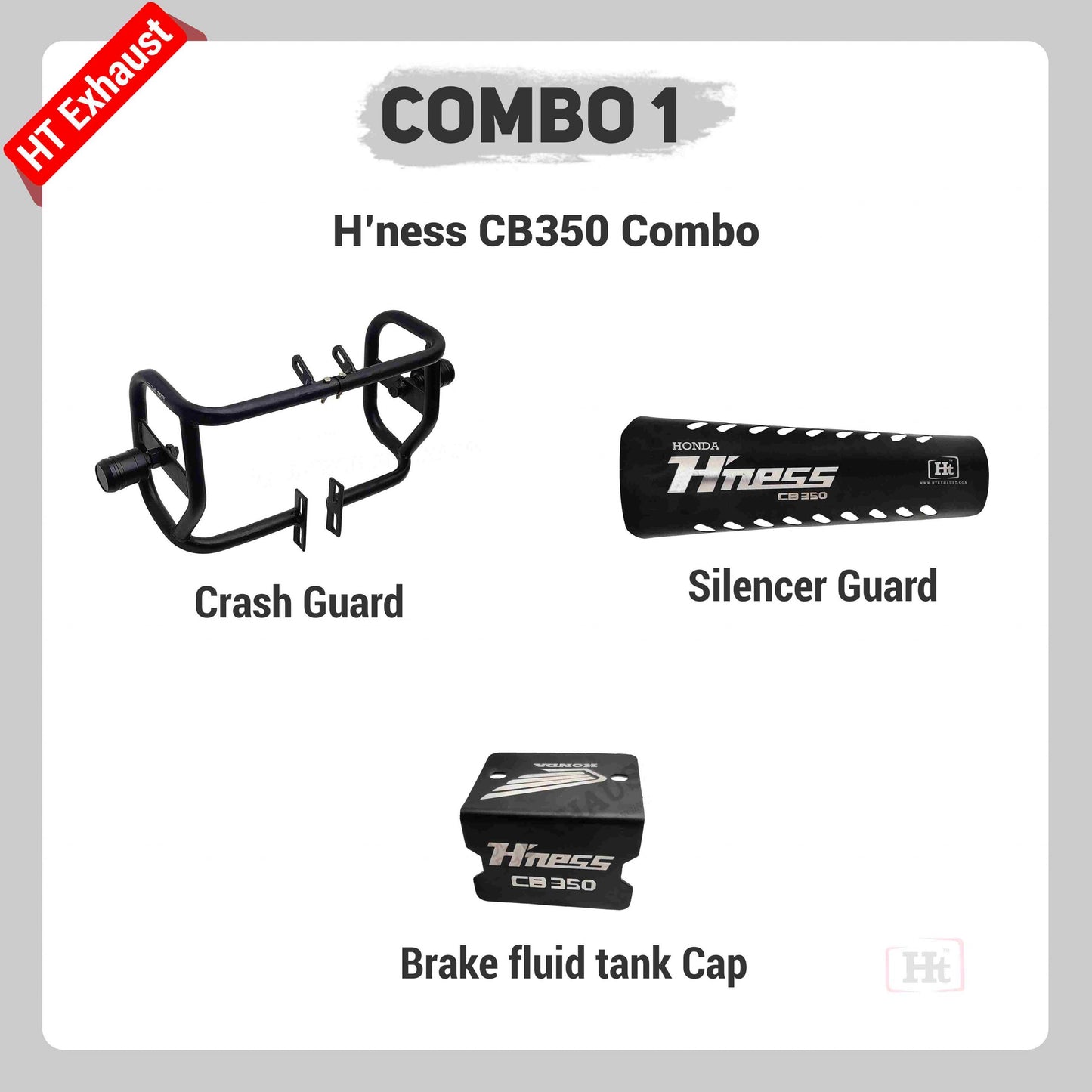 COMBO 1 CB HNESS 350 CRASH GUARD + SILENCER GUARD + BRAKE FLUID CAP – HT EXHAUST