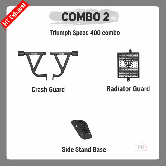 COMBO 2 Triumph Speed 400 Crash Guard + Radiator Guard + Side Stand Base – HT EXHAUST