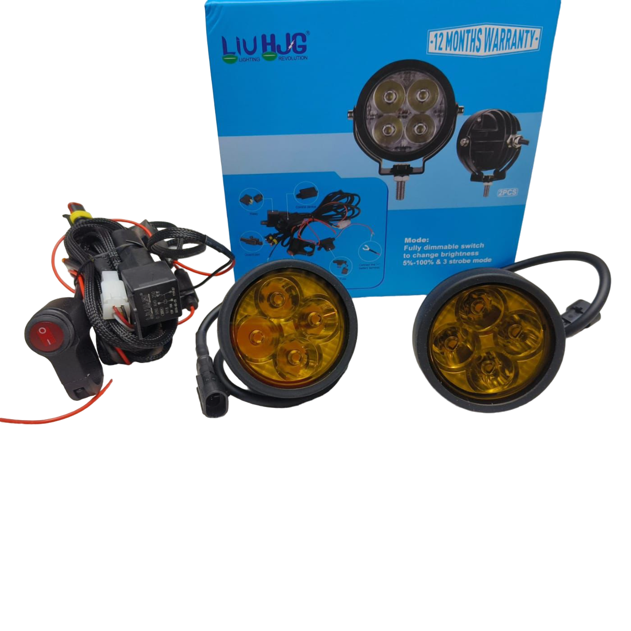 LIU HJG 40W Round 4 LED Fog Lights with Yellow Cap and Wiring Kit and fully dimmable switchUniversal for Car & Bike (Pack of 2)