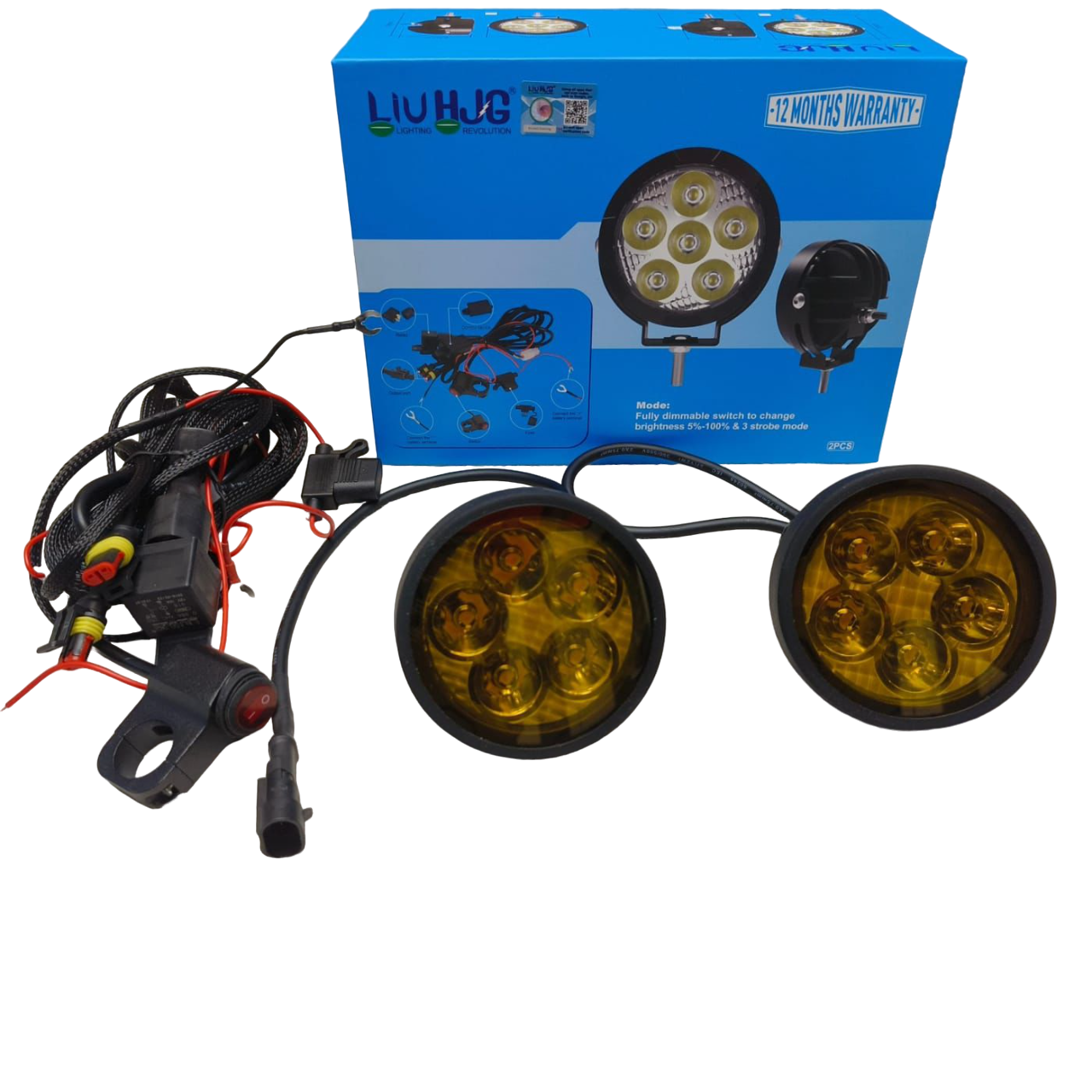 LIU HJG 50W Round 5 LED Fog Lights with Yellow Cap and Wiring Kit and dimmable switchUniversal for Car & Bike (Pack of 2)