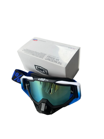 100% The Motocross & Mountain Biking  MX Goggle –BLUE WHITE BLACK TINTED