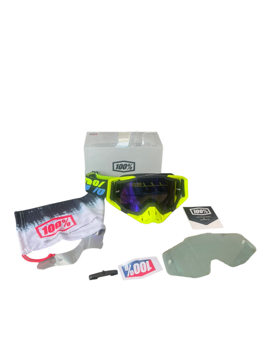 100% MX Goggles neon black blue tinted - 1 year warranty