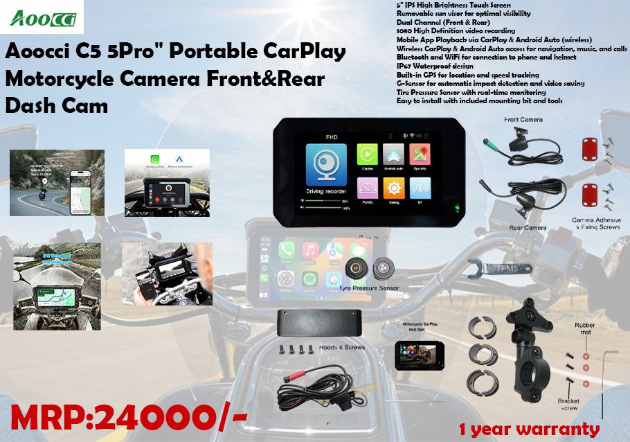 AOOCCI C5 5 Pro Motorcycle CarPlay with Front & Rear Dash Cam IPX7 waterproof with built in GPS and TPMS - 1 year warranty