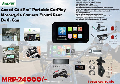 AOOCCI C5 5 Pro Motorcycle CarPlay with Front & Rear Dash Cam IPX7 waterproof with built in GPS and TPMS - 1 year warranty