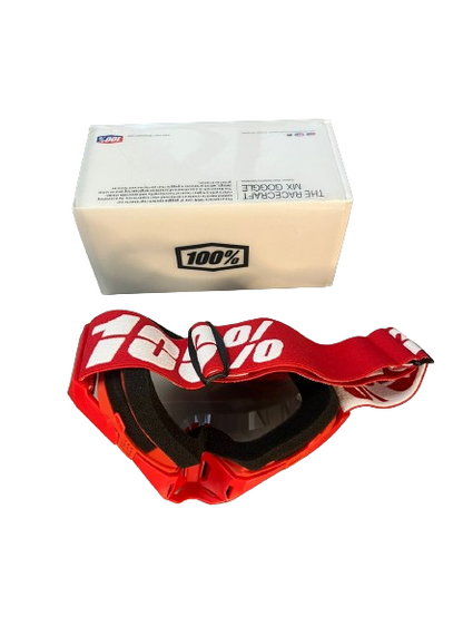 100% The Motocross & Mountain Biking  MX Goggle – Red and white (plain tint) - 1 YEAR WARRANTY