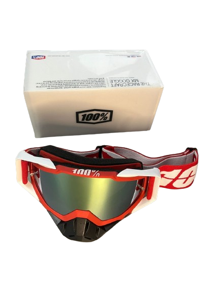 100% The Motocross & Mountain Biking  MX Goggle – Red and white with black nose (gold  tinted) - 1 YEAR WARRANTY