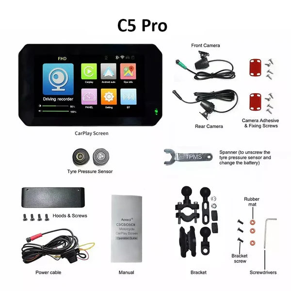 AOOCCI C5 5 Pro Motorcycle CarPlay with Front & Rear Dash Cam IPX7 waterproof with built in GPS and TPMS - 1 year warranty