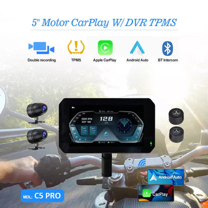 AOOCCI C5 5 Pro Motorcycle CarPlay with Front & Rear Dash Cam IPX7 waterproof with built in GPS and TPMS - 1 year warranty