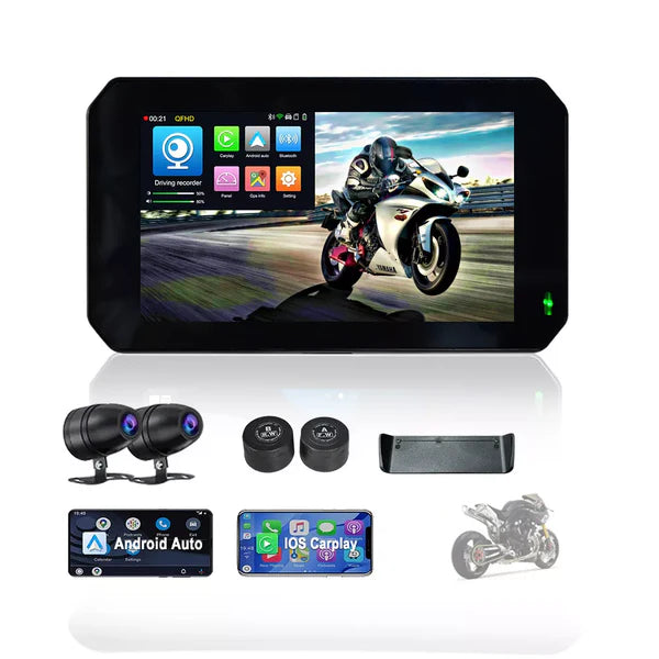 AOOCCI C5 5 Pro Motorcycle CarPlay with Front & Rear Dash Cam IPX7 waterproof with built in GPS and TPMS - 1 year warranty